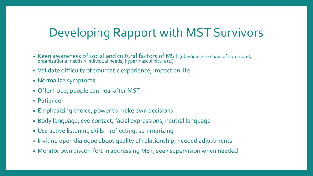 developing rapport with mst survivors