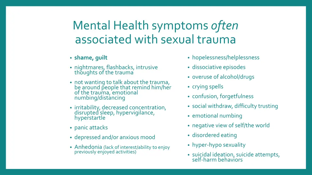mental health symptoms often associated with