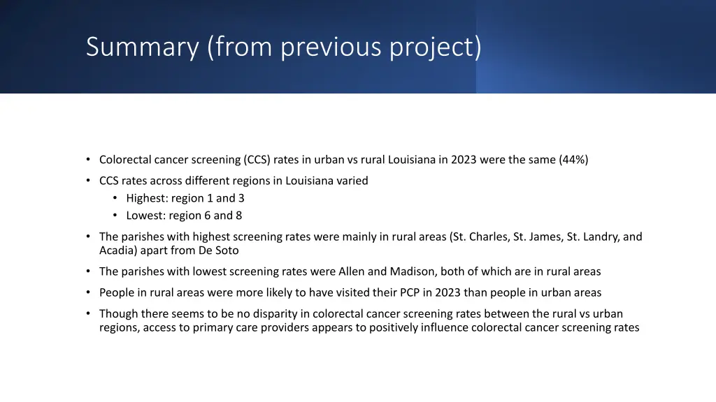 summary from previous project