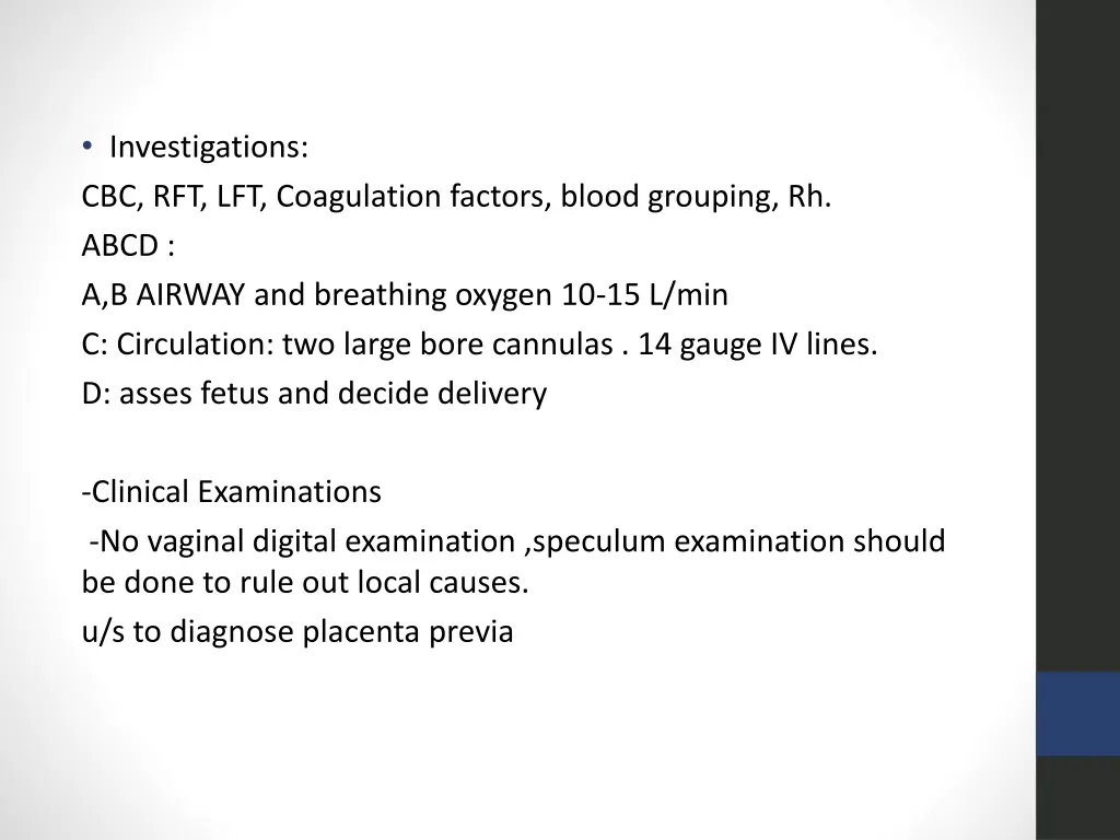 investigations cbc rft lft coagulation factors