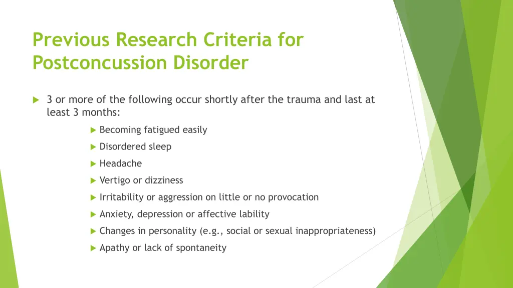 previous research criteria for postconcussion 1