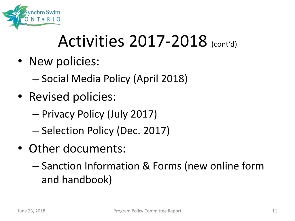 activities 2017 2018 cont d new policies social