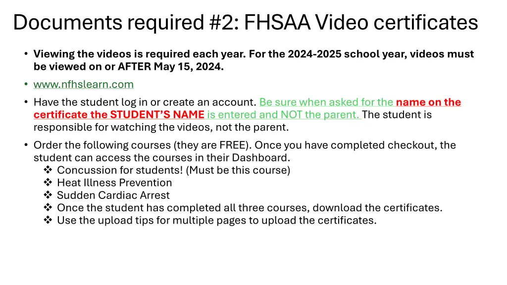 documents required 2 fhsaa video certificates