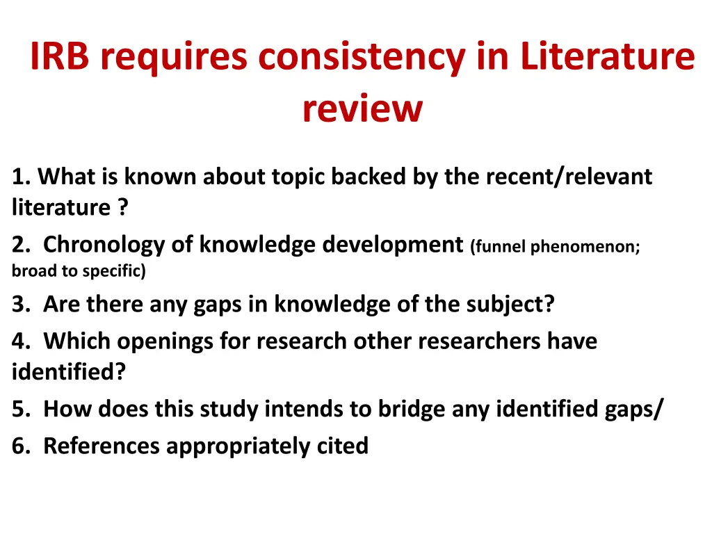irb requires consistency in literature review