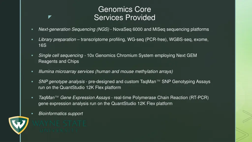 genomics core services provided