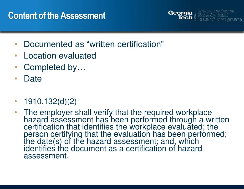 content of the assessment