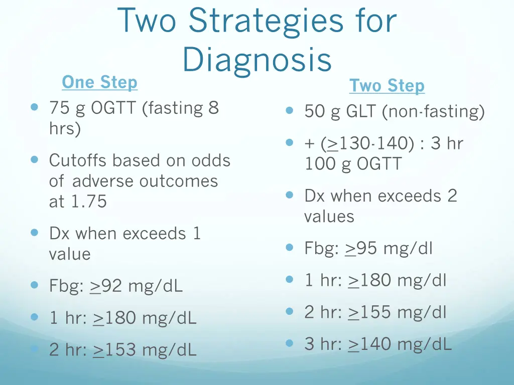 two strategies for diagnosis one step 75 g ogtt