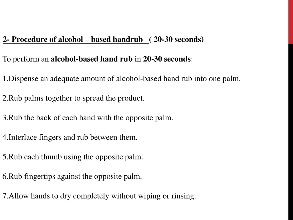 2 procedure of alcohol based handrub 20 30 seconds