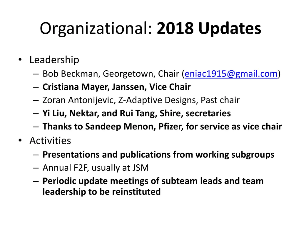 organizational 2018 updates