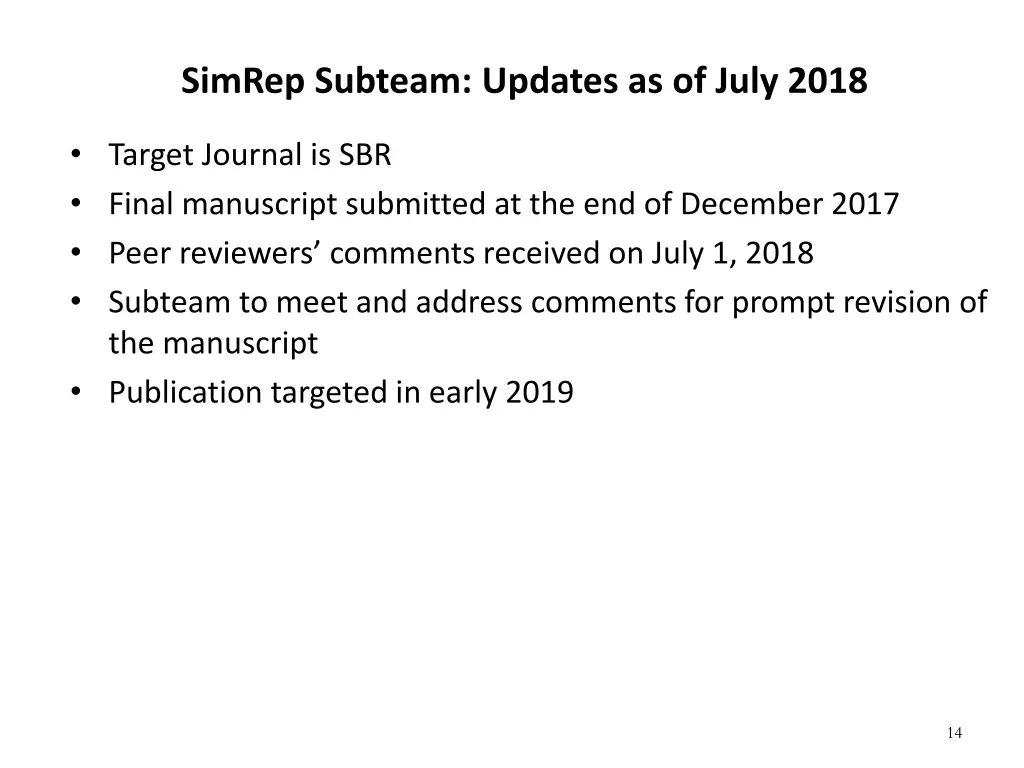 simrep subteam updates as of july 2018