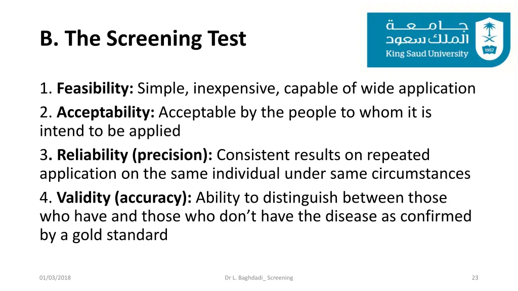 b the screening test