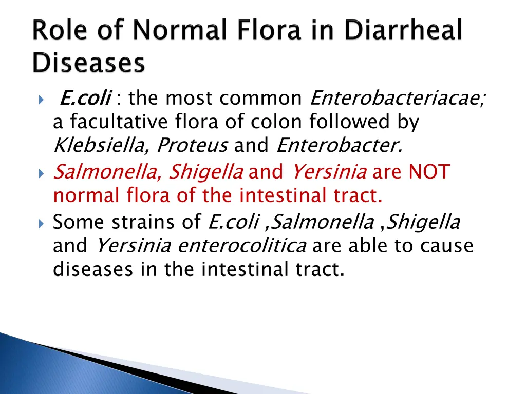 e coli a facultative flora of colon followed