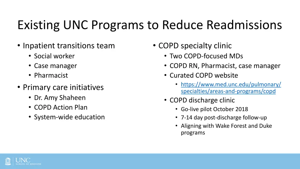 existing unc programs to reduce readmissions