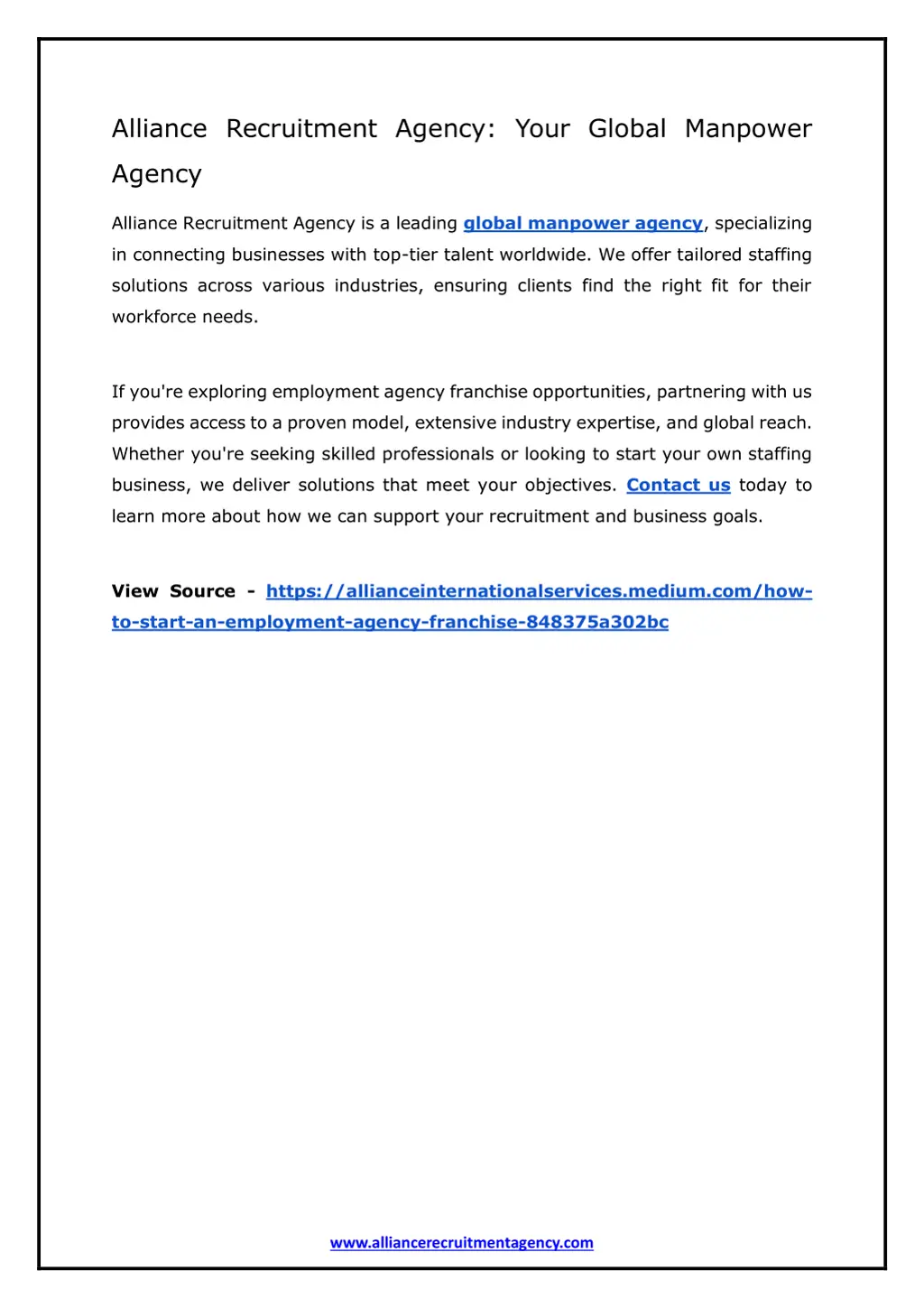 alliance recruitment agency your global manpower
