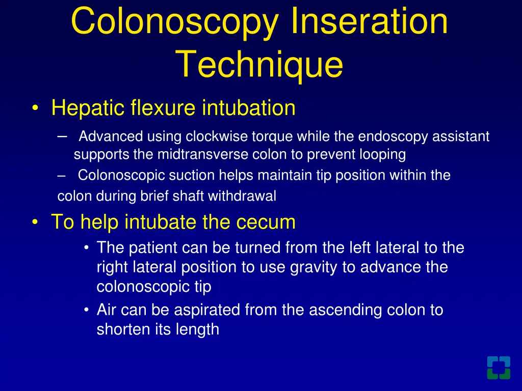 colonoscopy inseration technique hepatic flexure