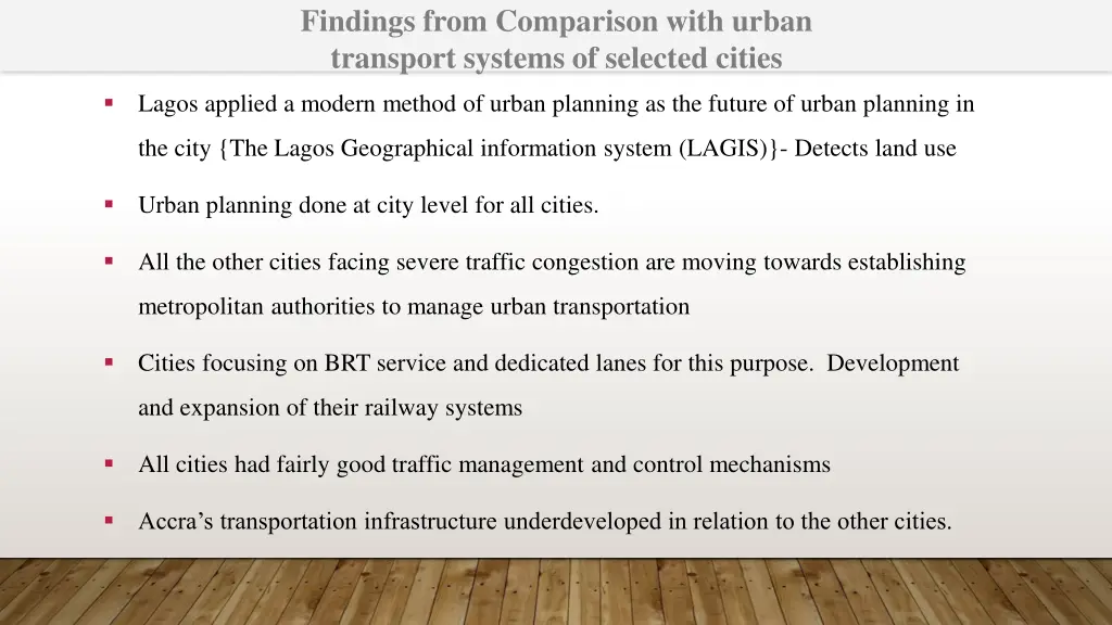 findings from comparison with urban transport