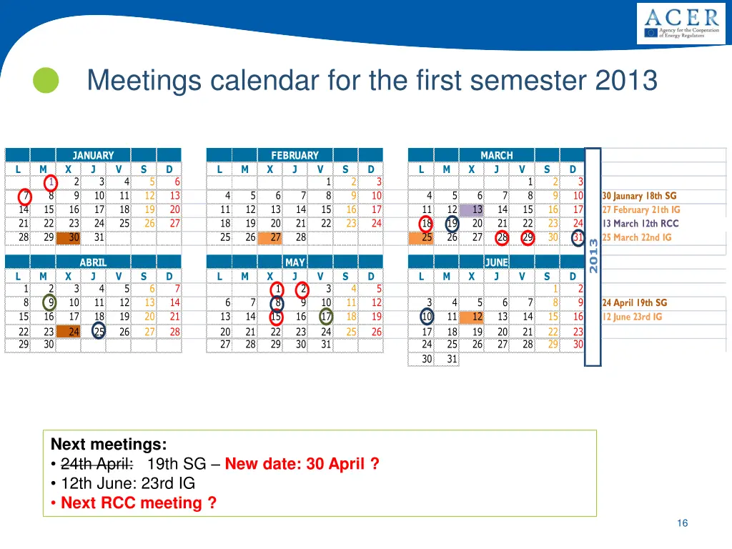 meetings calendar for the first semester 2013
