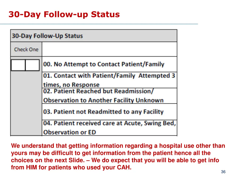 30 day follow up status