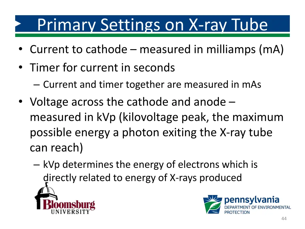 primary settings on x ray tube
