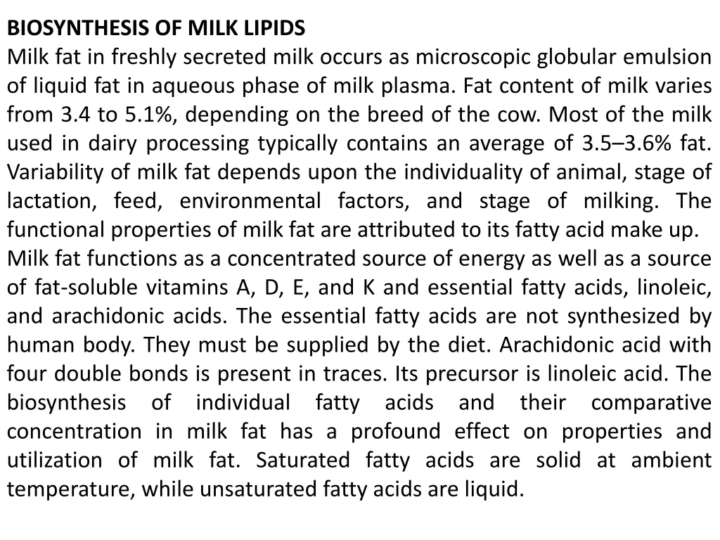 biosynthesis of milk lipids milk fat in freshly