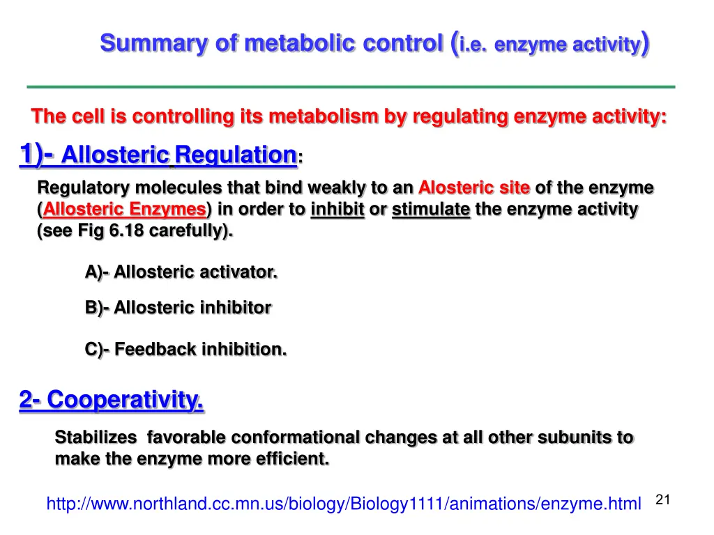 summary of metabolic control i e enzyme activity
