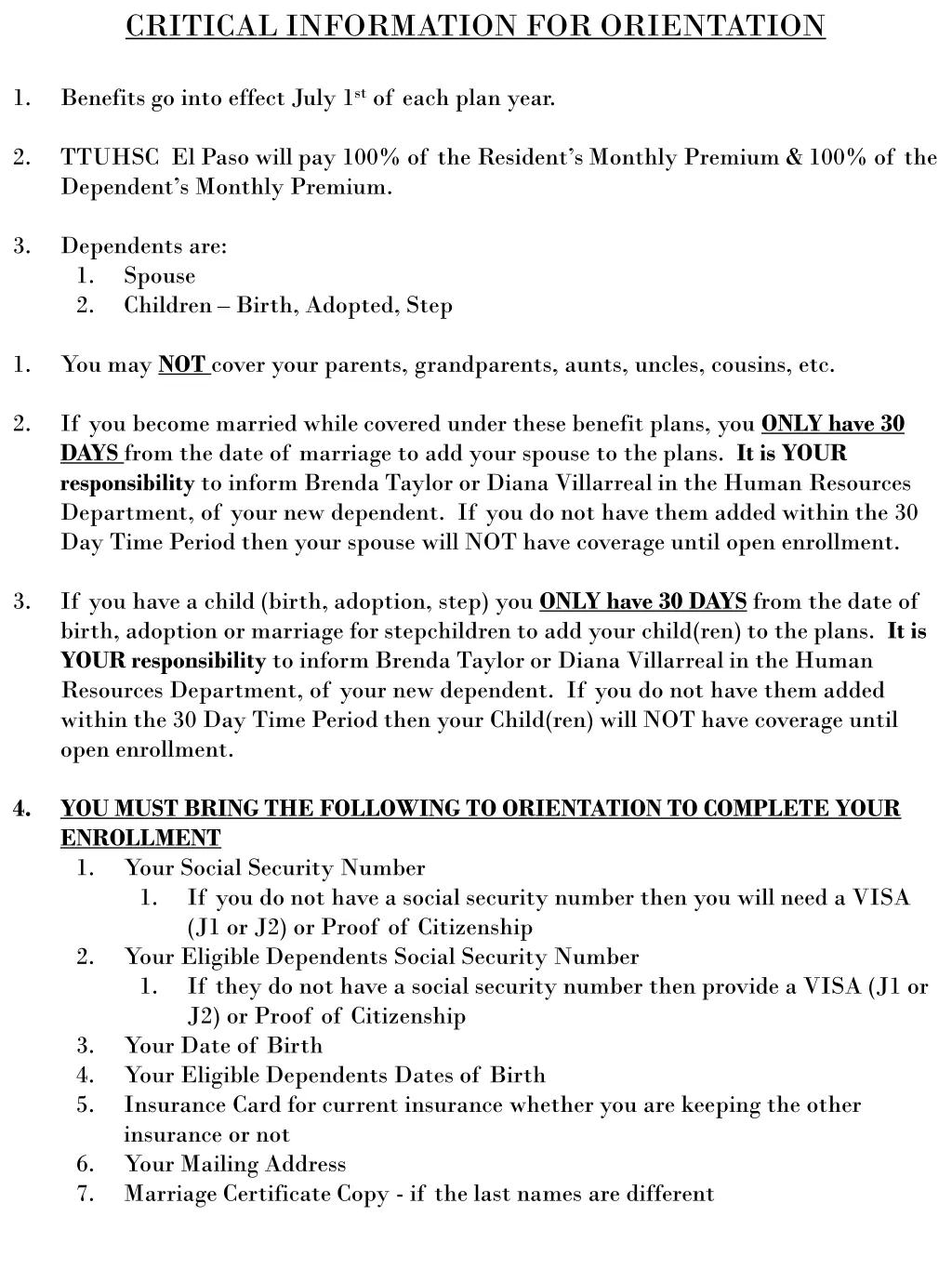 critical information for orientation
