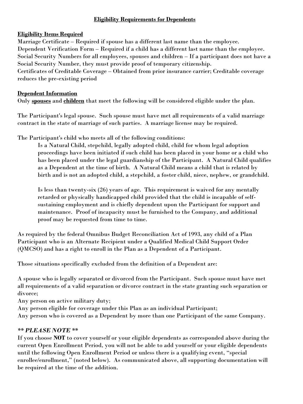 eligibility requirements for dependents