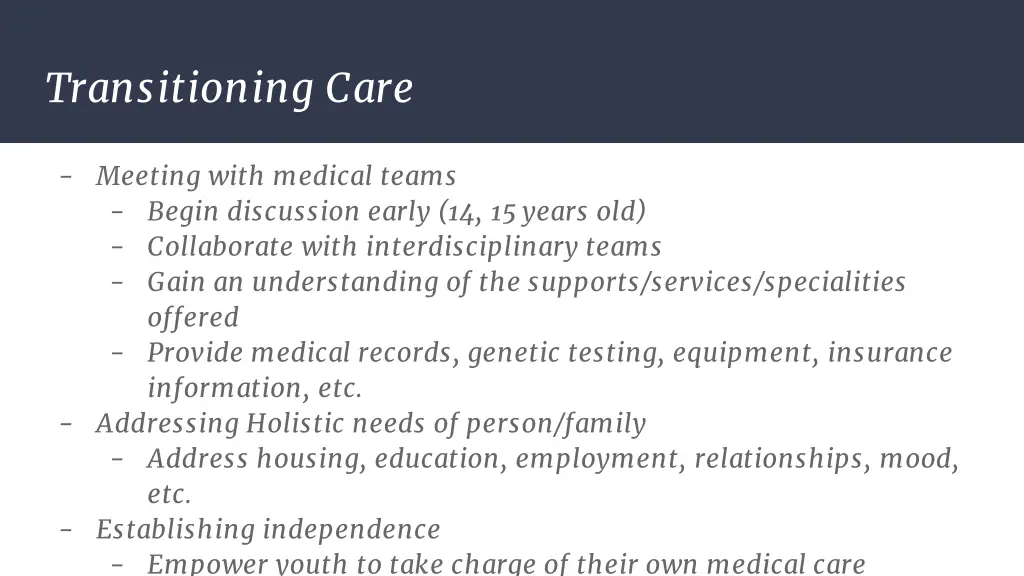 transitioning care