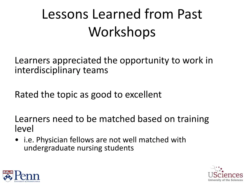 lessons learned from past workshops