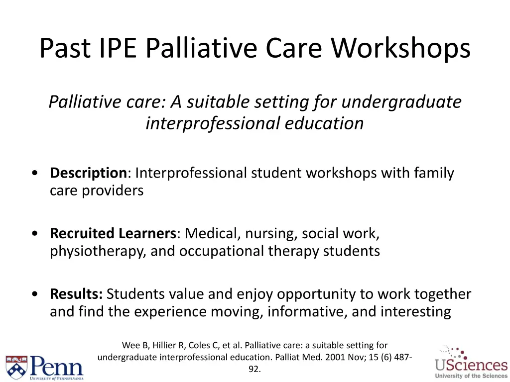 past ipe palliative care workshops