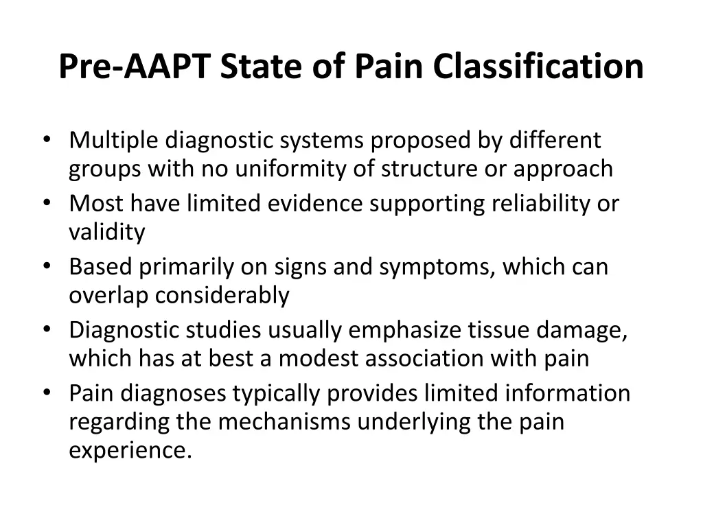 pre aapt state of pain classification