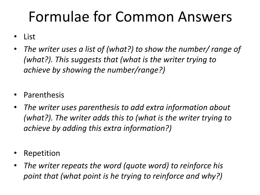 formulae for common answers