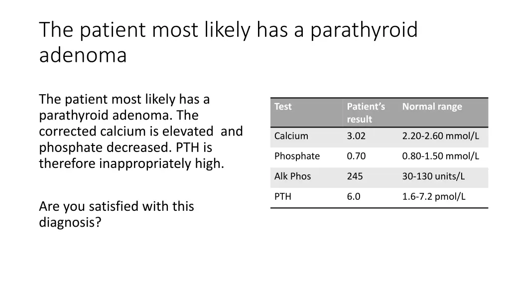 the patient most likely has a parathyroid adenoma