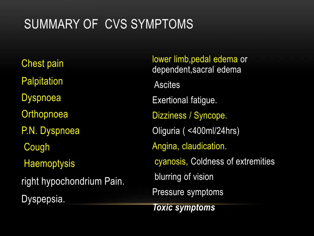 summary of cvs symptoms