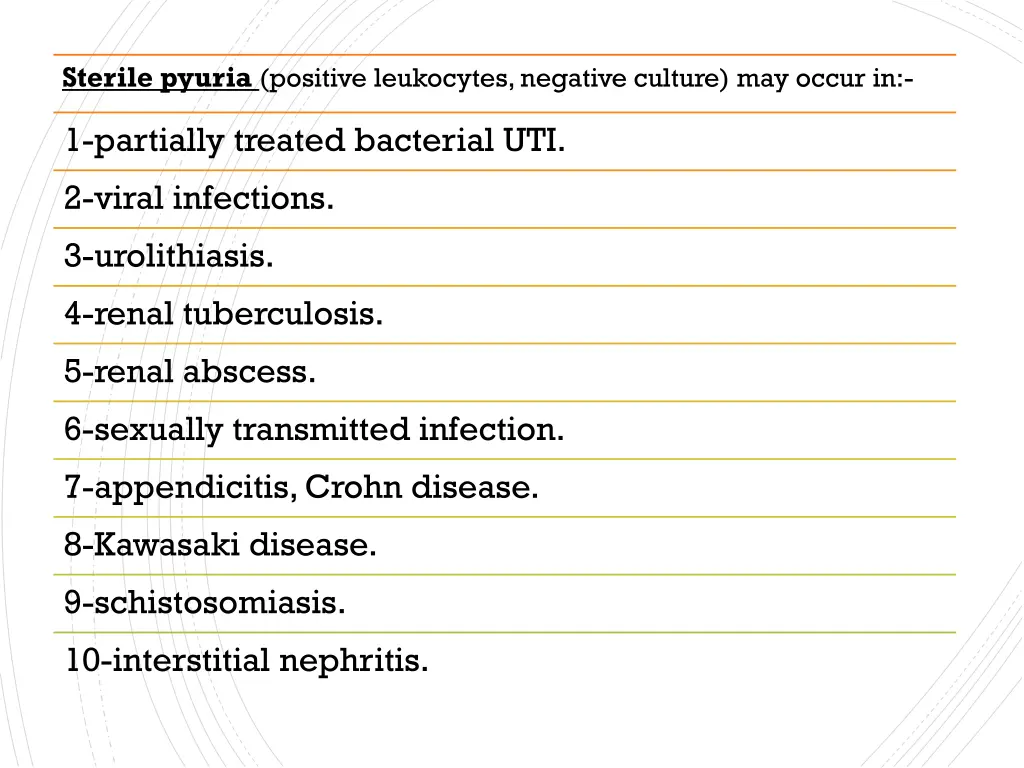 sterile pyuria positive leukocytes negative