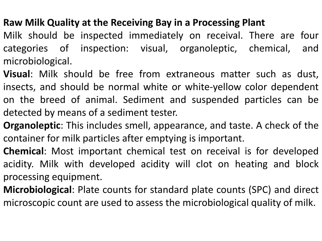 raw milk quality at the receiving