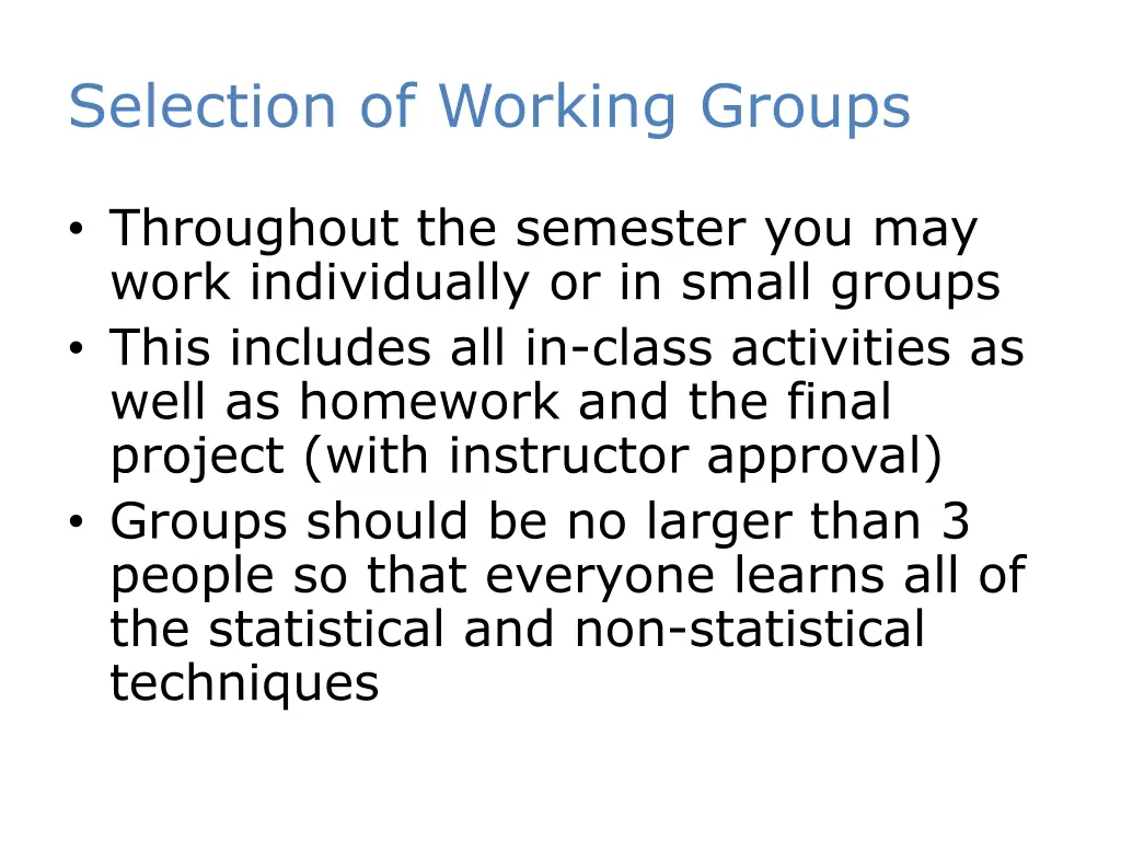 selection of working groups