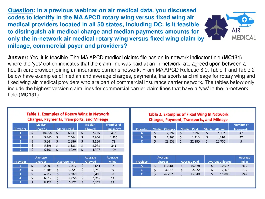 question in a previous webinar on air medical