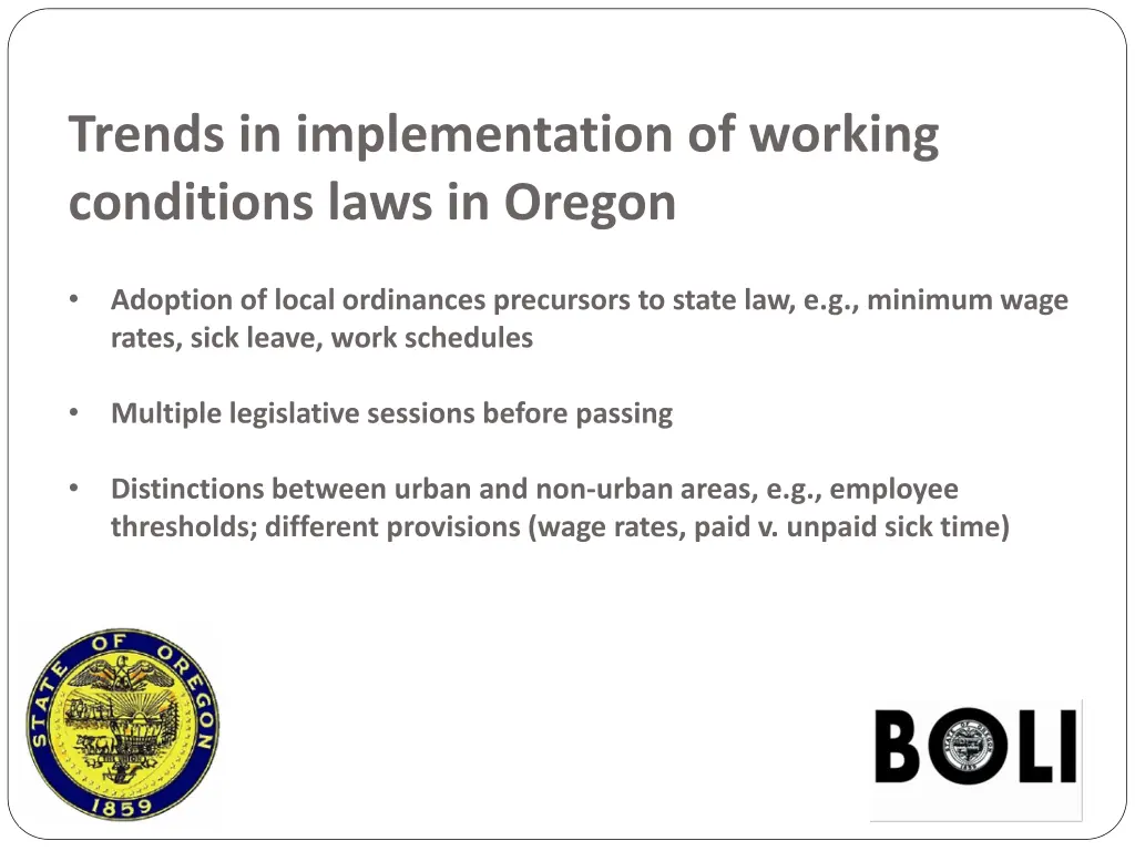 trends in implementation of working conditions