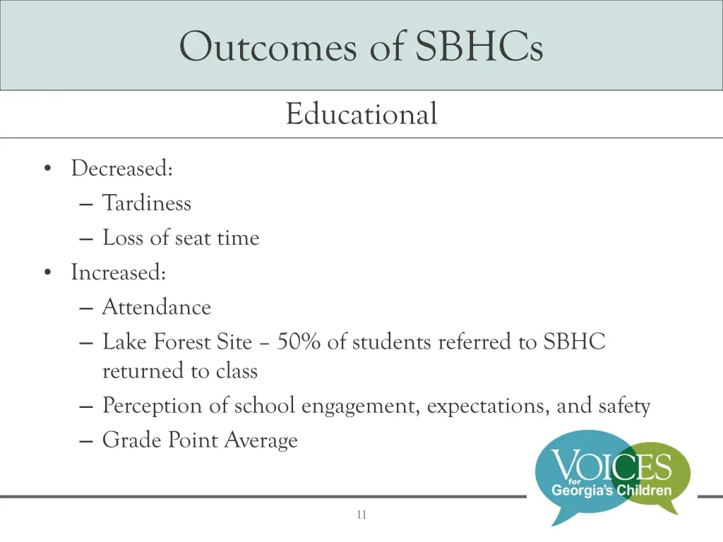 outcomes of sbhcs 1