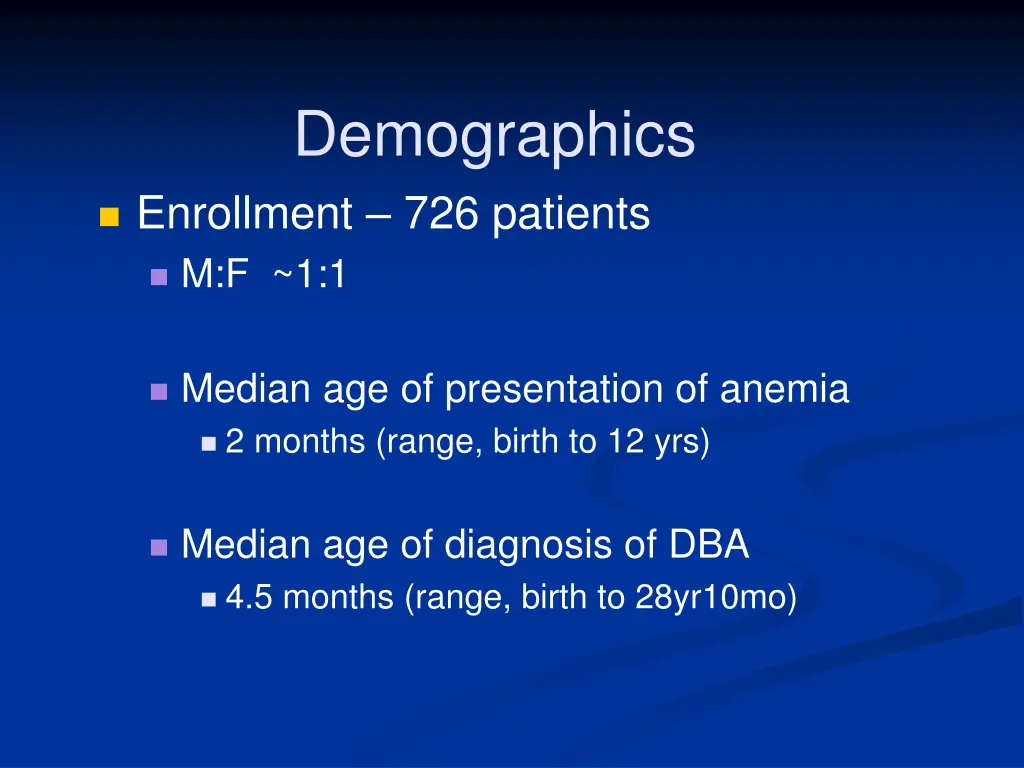 demographics enrollment 726 patients m f 1 1