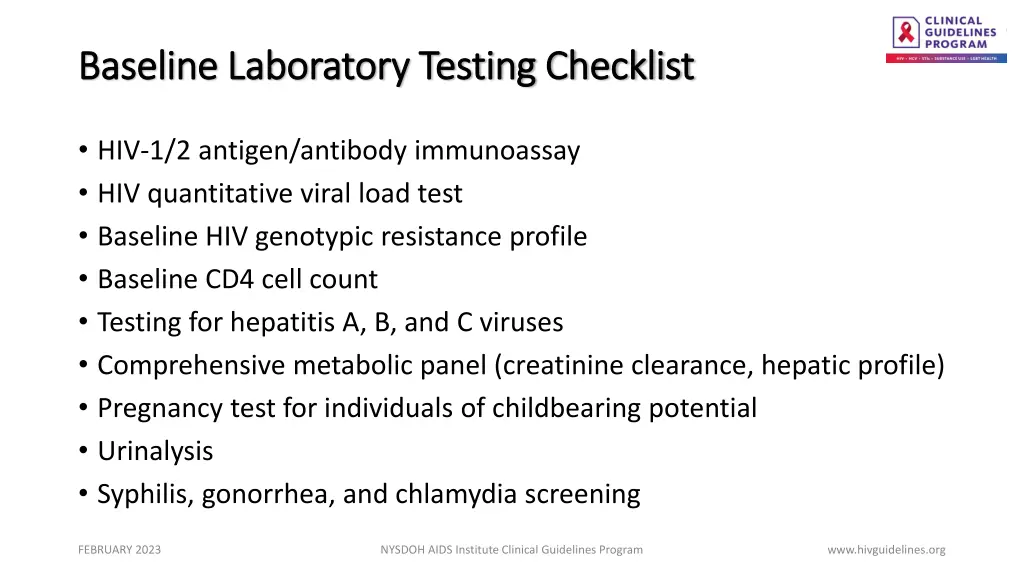 baseline laboratory testing checklist baseline