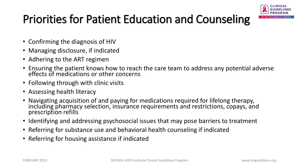 priorities for patient education and counseling
