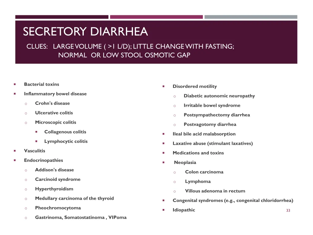 secretory diarrhea clues large volume