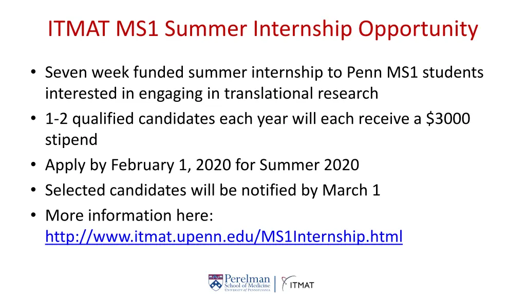 itmat ms1 summer internship opportunity