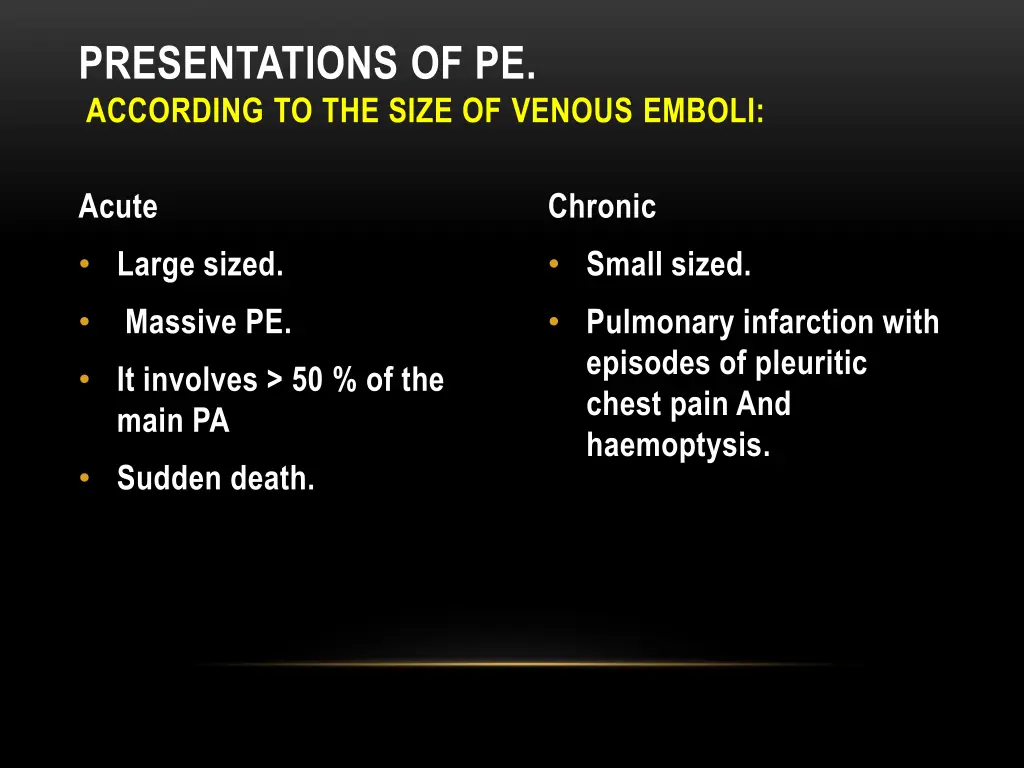 presentations of pe according to the size