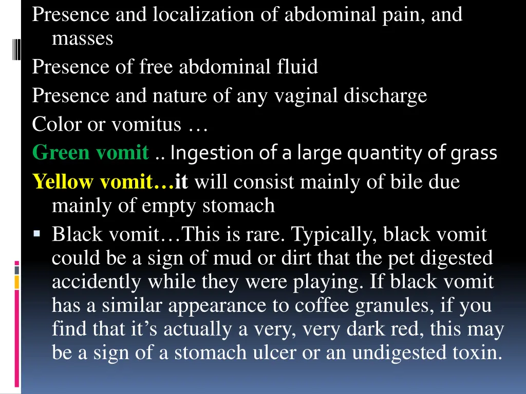 presence and localization of abdominal pain