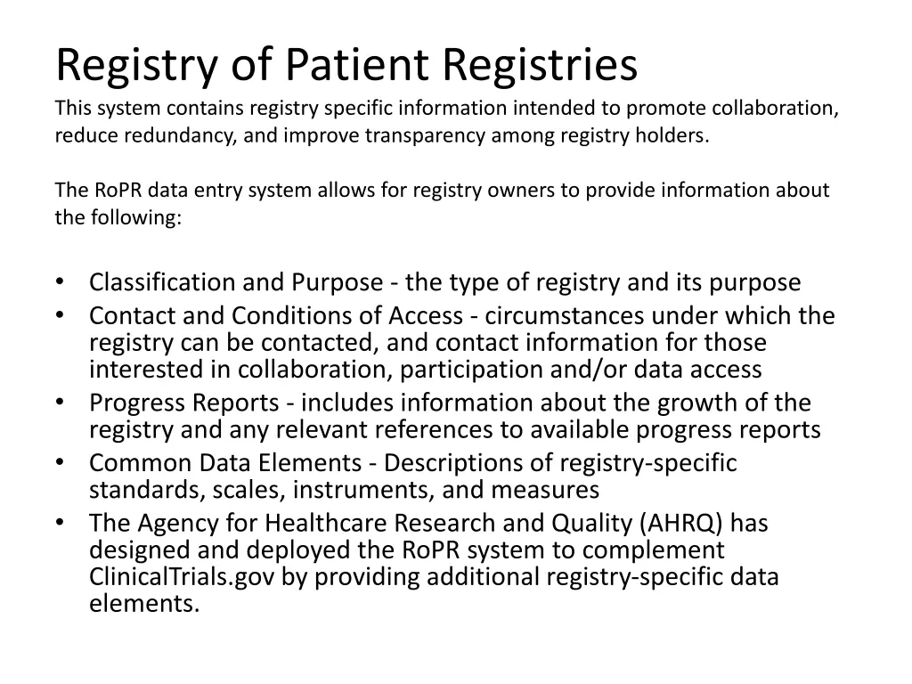registry of patient registries this system