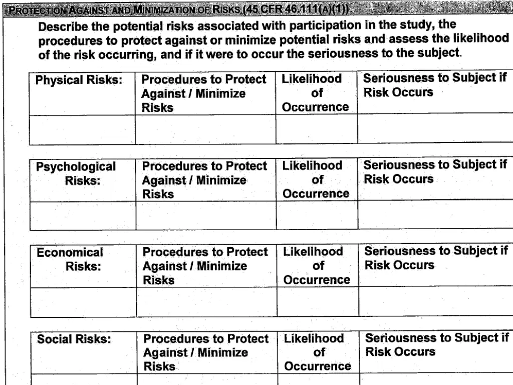 risk reduction table