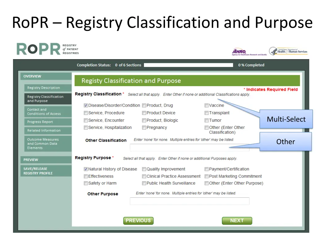 ropr registry classification and purpose